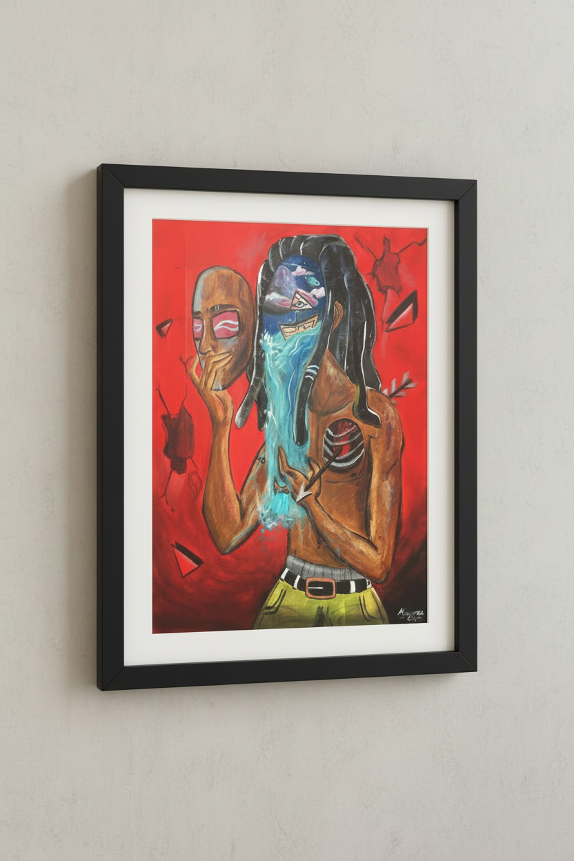 Artistic depiction of a person with a mask and another figure with blue liquid flowing from their head, set against a red background.