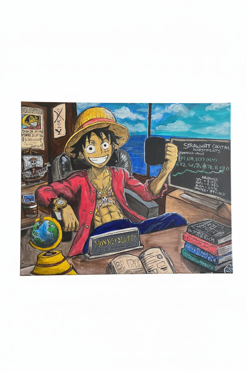 King of the Portfolios — original acrylic painting of Monkey D. Luffy as a confident investor at Strawhat Capital