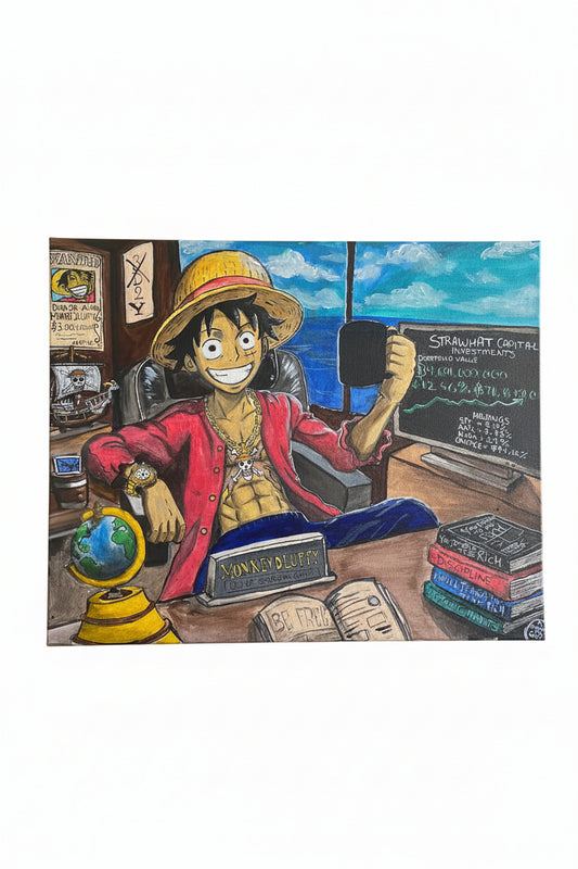 King of the Portfolios — original acrylic painting of Monkey D. Luffy as a confident investor at Strawhat Capital