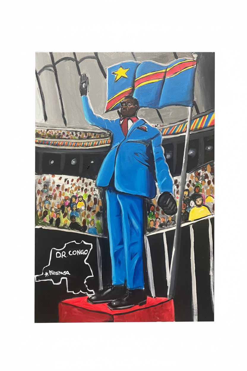 Lumumba Lives — original acrylic painting of a figure holding the DRC flag before a packed stadium
