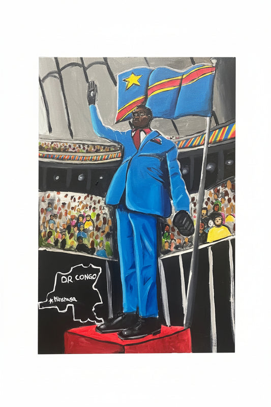 Lumumba Lives — original acrylic painting of a figure holding the DRC flag before a packed stadium