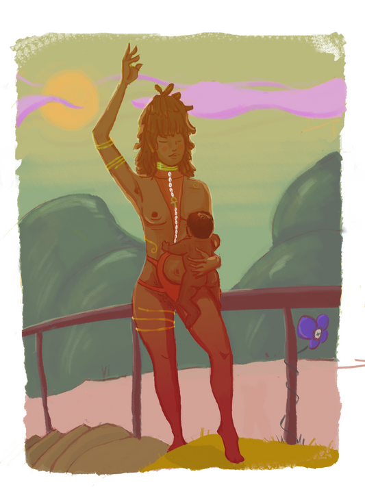 Jade painterly illustration of figure in mountain landscape