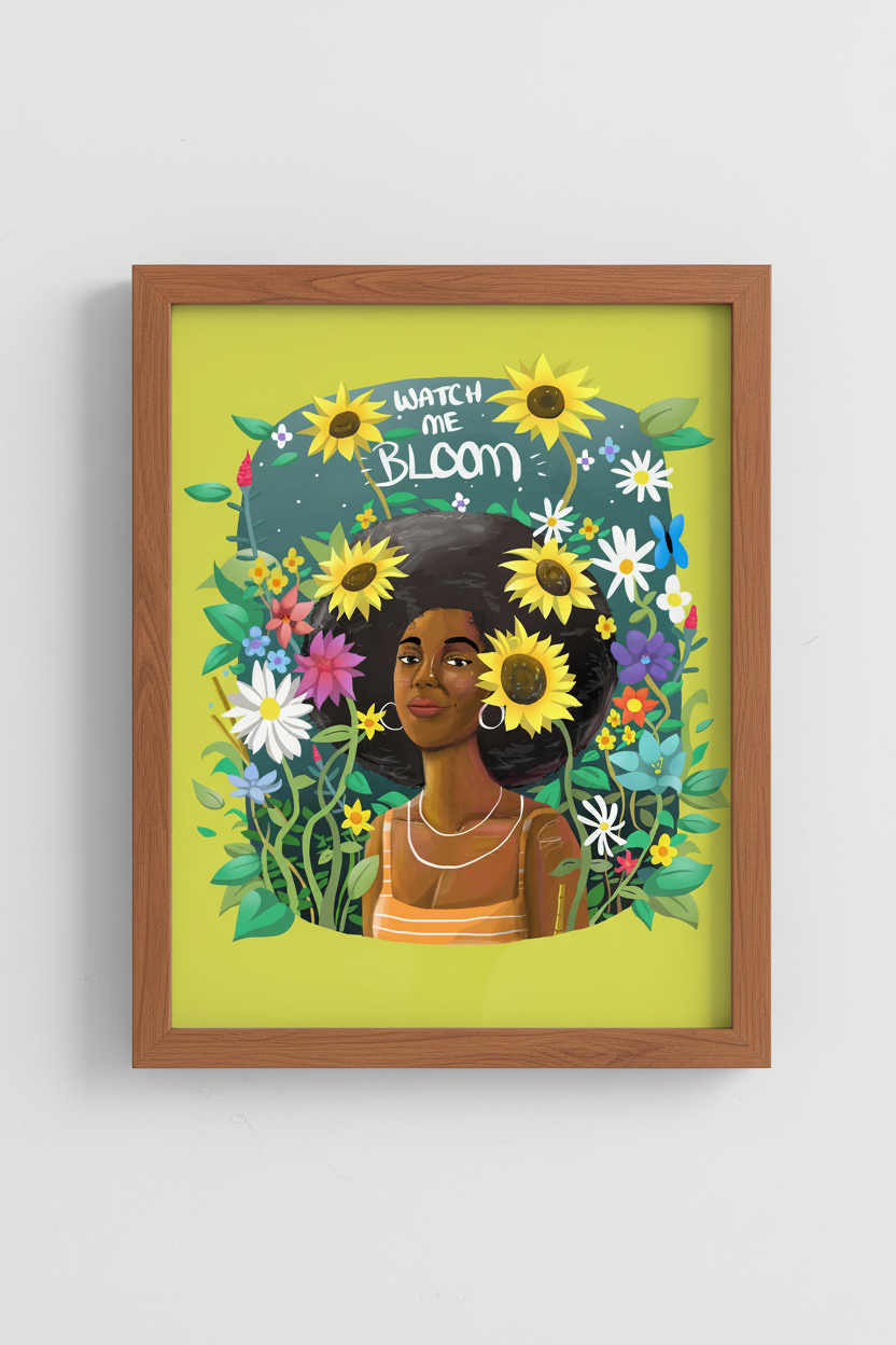 Watch Me Bloom floral portrait illustration on yellow background
